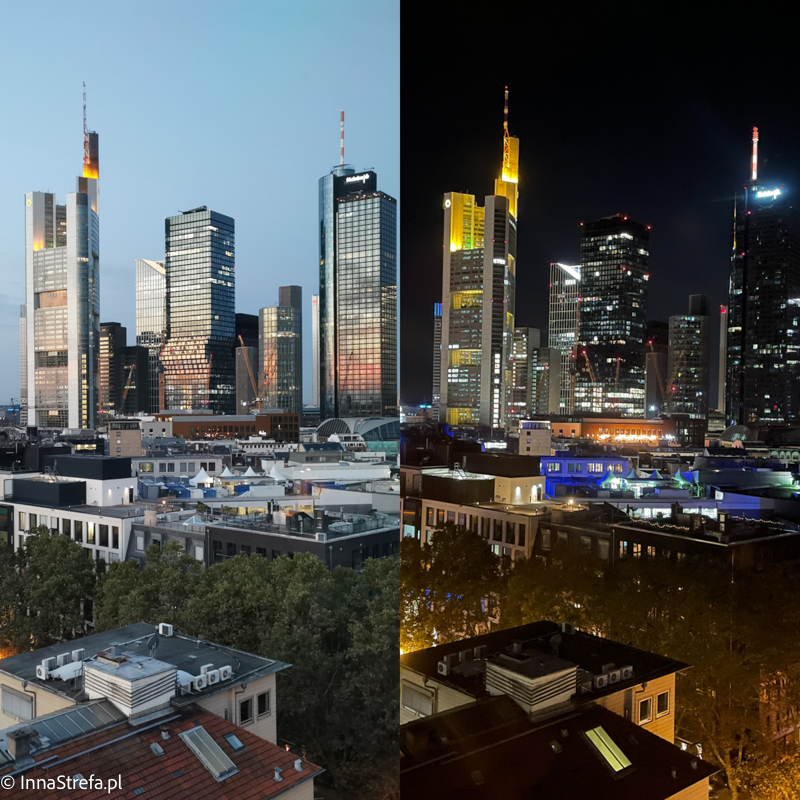 Wieżowce Frankfurt w dzień i w nocy